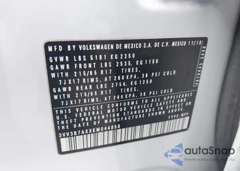 2019 Volkswagen Tiguan 2.0T Se/2.0T Sel/2.0T Sel R-Line/2.0T Sel R-Line Black z USA, uszkodzony, nr VIN 3VV3B7AXXKM044858